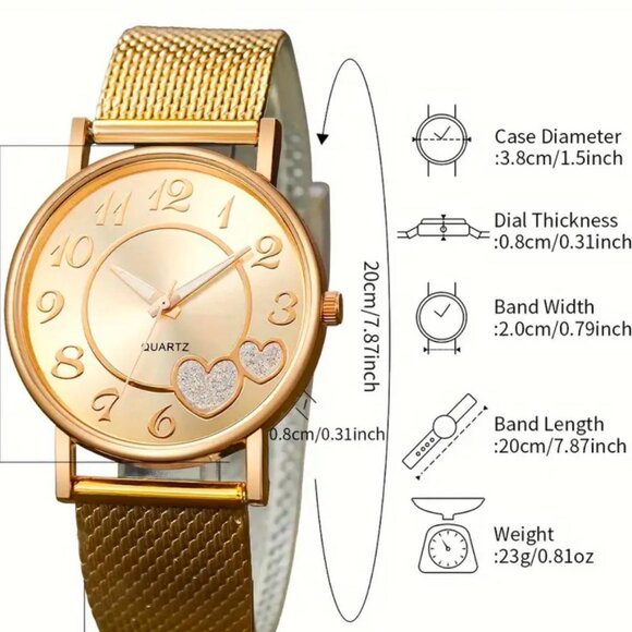 New 6pc Quartz Watch Golden in Color with Necklace, Bracelet Earring & Ring Set - Picture 6 of 7